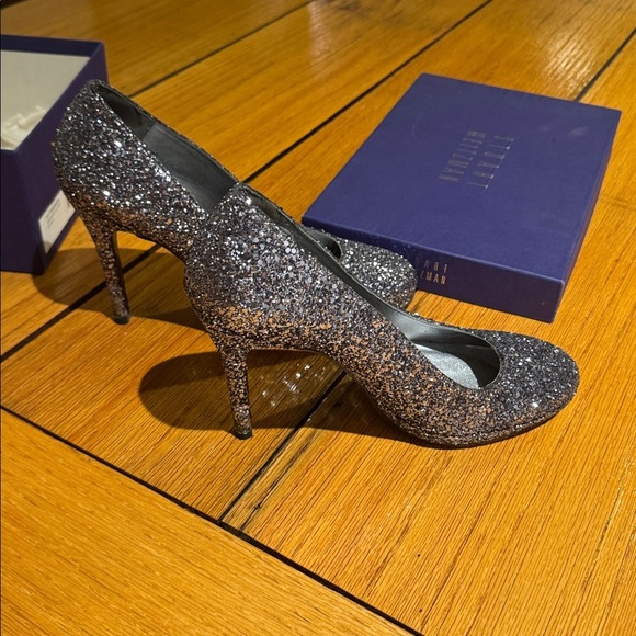 Stuart Weitzman Glitterswoon Graphite Glitter Heels – Size 8.5 M - Picture 3 of 8